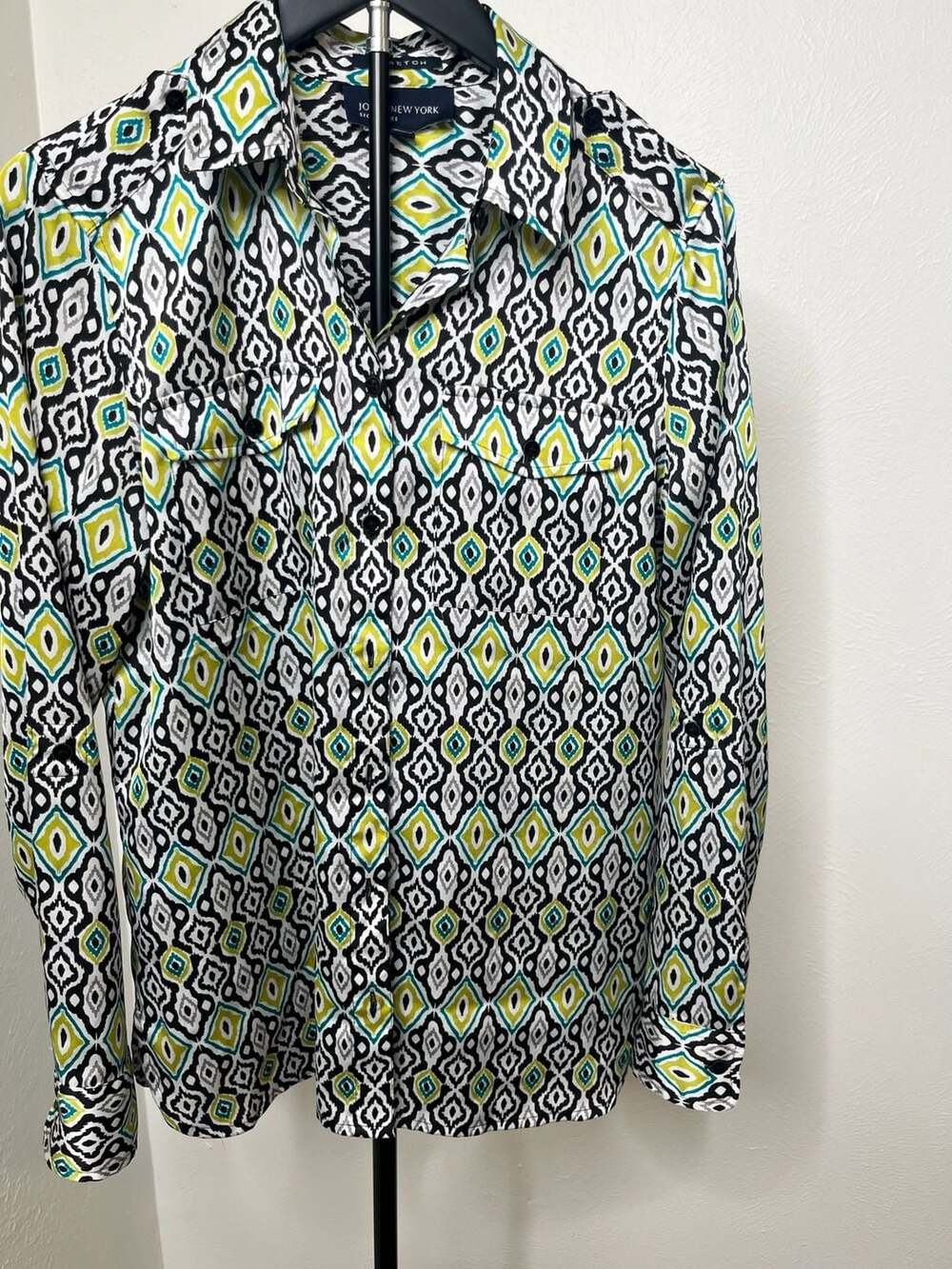 Stretch Geometric Ikat Print Button Down Blouse Boho Global Print Shirt